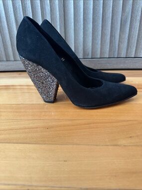 Ramon Tenza Black Suede Pumps with Glitter Block Heel